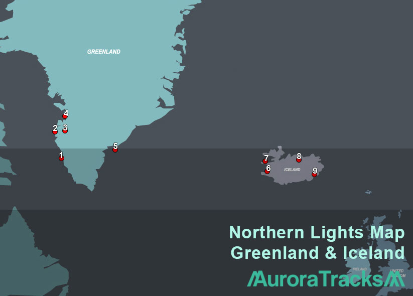 northern lights map greenland iceland